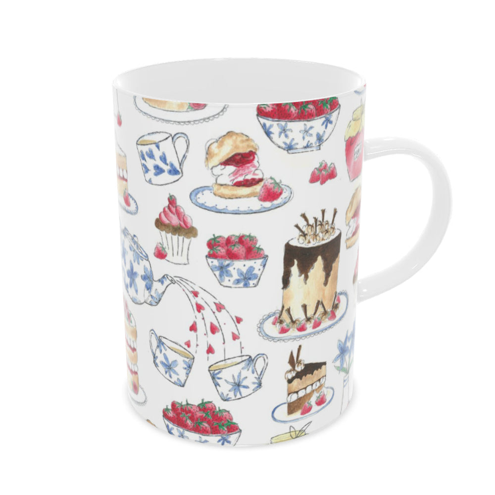 Elegant Afternoon Tea Bone China Mug with a vintage-inspired illustration of teapots, teacups, and sweet treats—perfect for tea lovers.