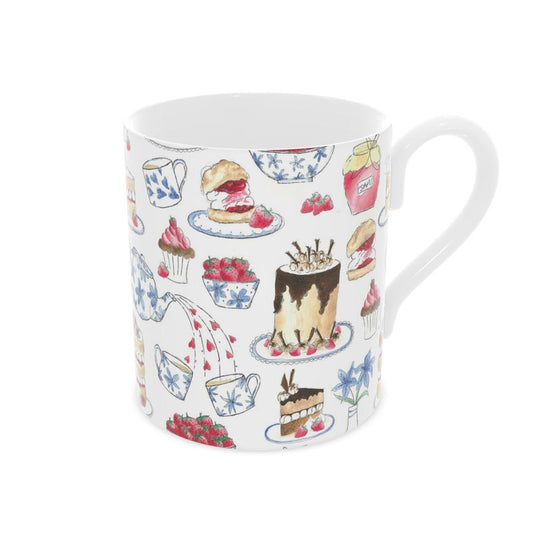 Elegant Afternoon Tea Bone China Mug with a vintage-inspired illustration of teapots, teacups, and sweet treats—perfect for tea lovers.