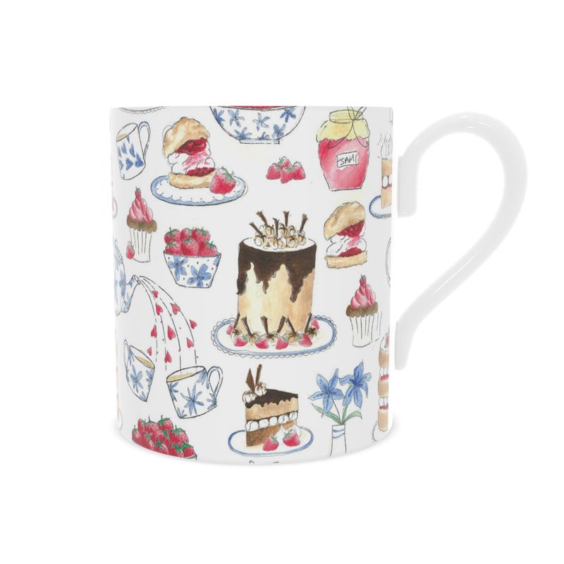 Elegant Afternoon Tea Bone China Mug with a vintage-inspired illustration of teapots, teacups, and sweet treats—perfect for tea lovers.