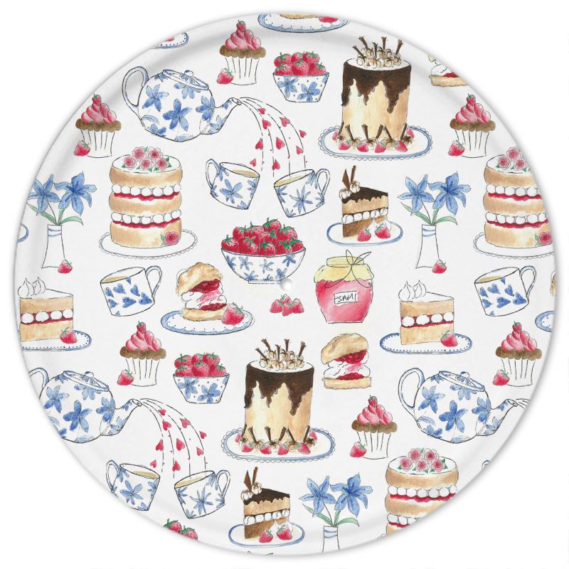 Afternoon Tea 3-Tier Cake Stand with vintage-inspired illustration of teapots, teacups, and treats, showcasing three tiers and silver fixtures, handmade in the UK.