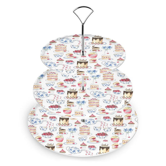 Afternoon Tea 3-Tier Cake Stand with vintage-inspired illustration of teapots, teacups, and treats, showcasing three tiers and silver fixtures, handmade in the UK.