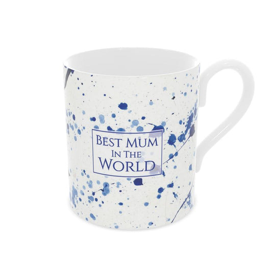 Elegant Best Mum in the World Bone China Mug with a blue paint splatter design, perfect for Mother’s Day, birthdays, or as a thoughtful gift.