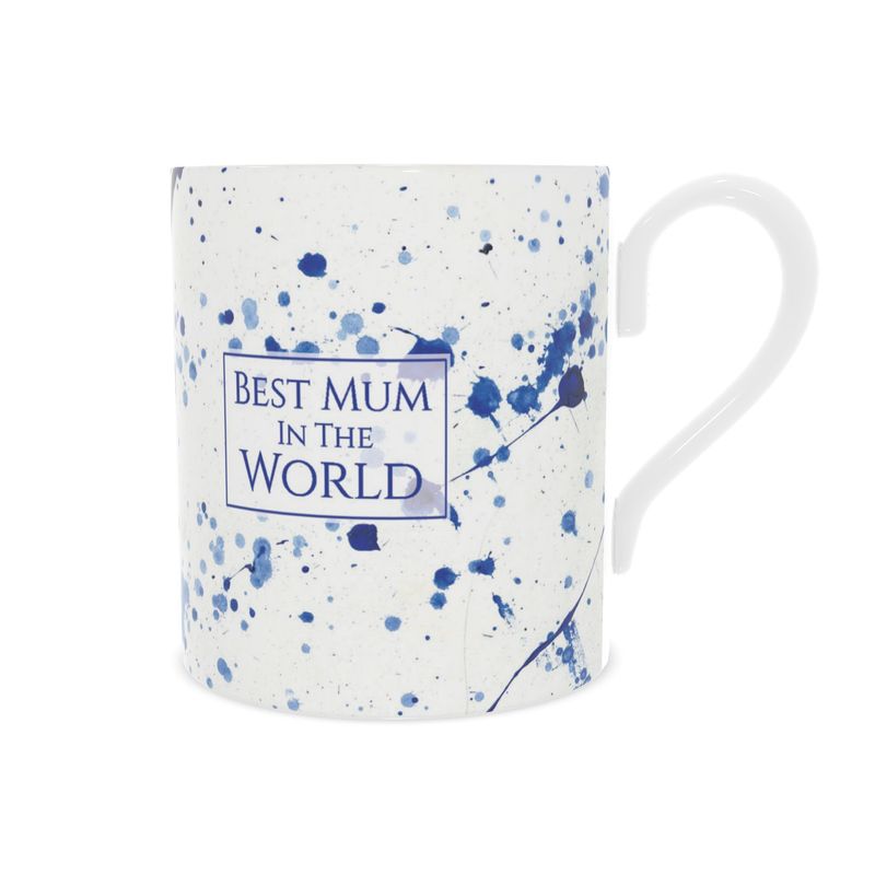 Elegant Best Mum in the World Bone China Mug with a blue paint splatter design, perfect for Mother’s Day, birthdays, or as a thoughtful gift.
