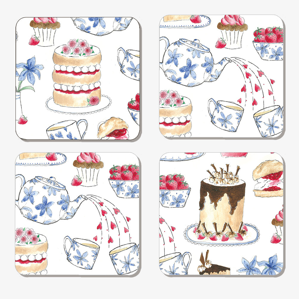 Set of four illustrated afternoon tea coasters by Chez Beccy, featuring hand-painted designs of teapots, teacups, cakes, scones, and strawberries in a charming British tea party theme. Perfect for home décor, tea lovers, and gift ideas. Available at www.chezbeccy.com.