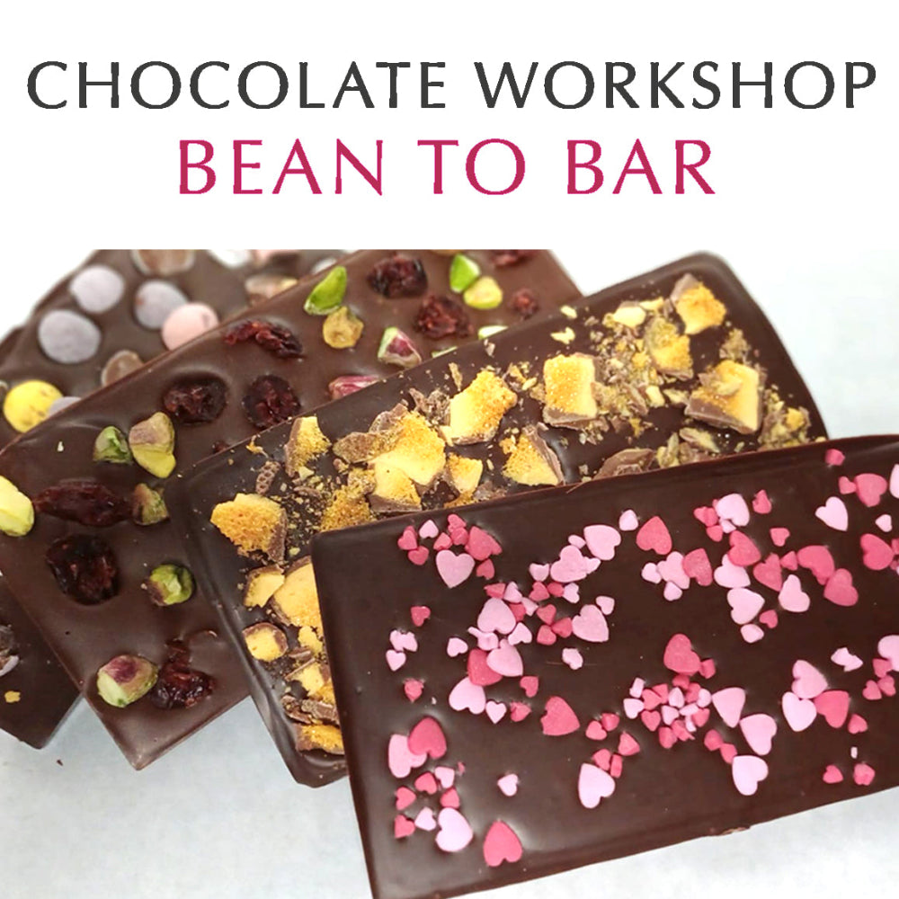 Decorated handmade chocolate bars from a bean to bar chocolate workshop