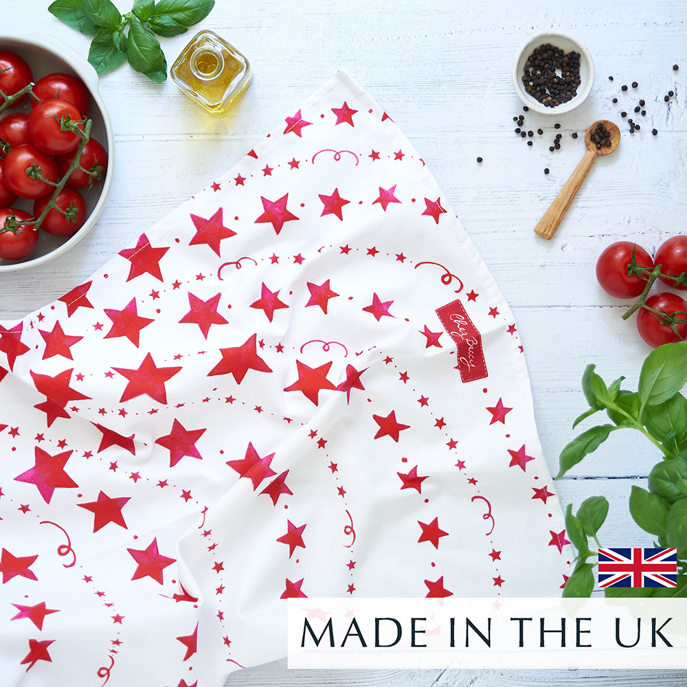 Red stars tea towel, made in the UK