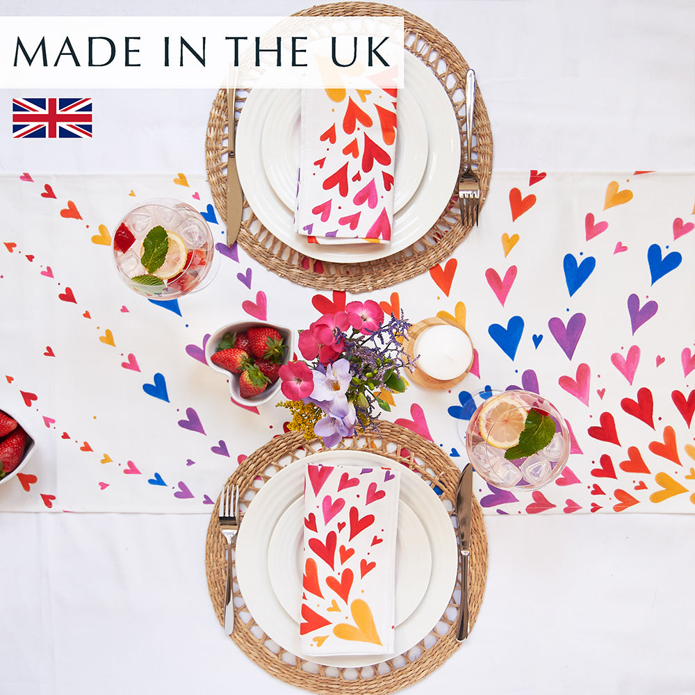 Colourful rainbow hearts table runner, 2 place settings using matching rainbow hearts cloth napkins