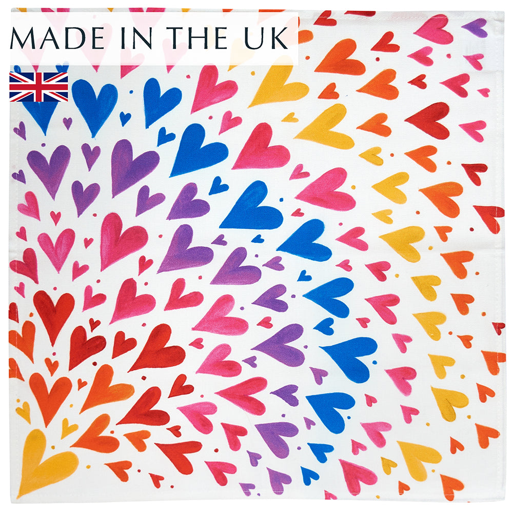 Colourful rainbow hearts cloth napkin, made in the UK