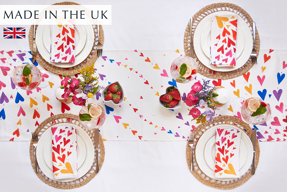 Colourful rainbow hearts table runner, 4 place settings using matching rainbow hearts cloth napkins
