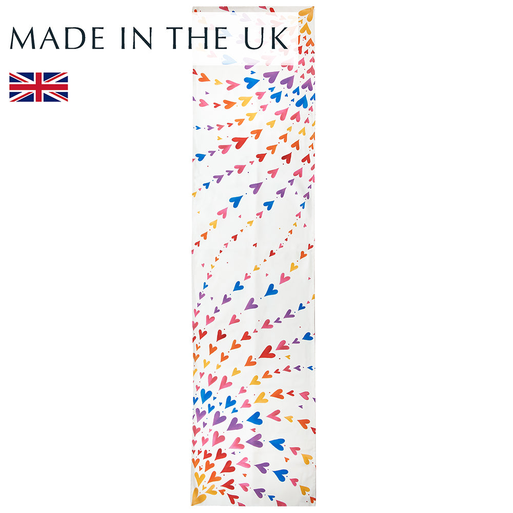 Colourful rainbow hearts table runner, made in the UK