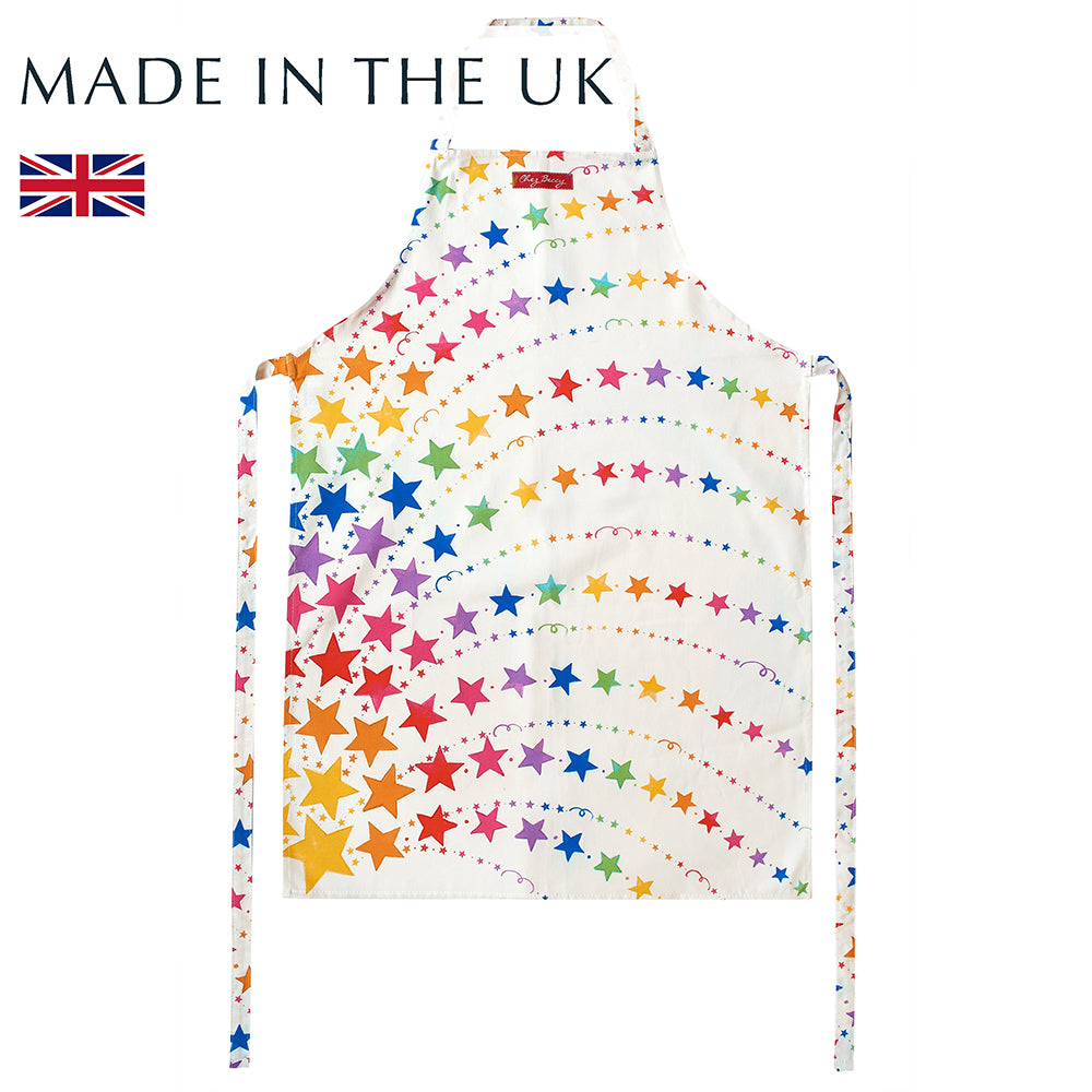Rainbow Stars Apron – Colourful cotton apron with vibrant star pattern, perfect for baking, cooking, or hosting in the kitchen.