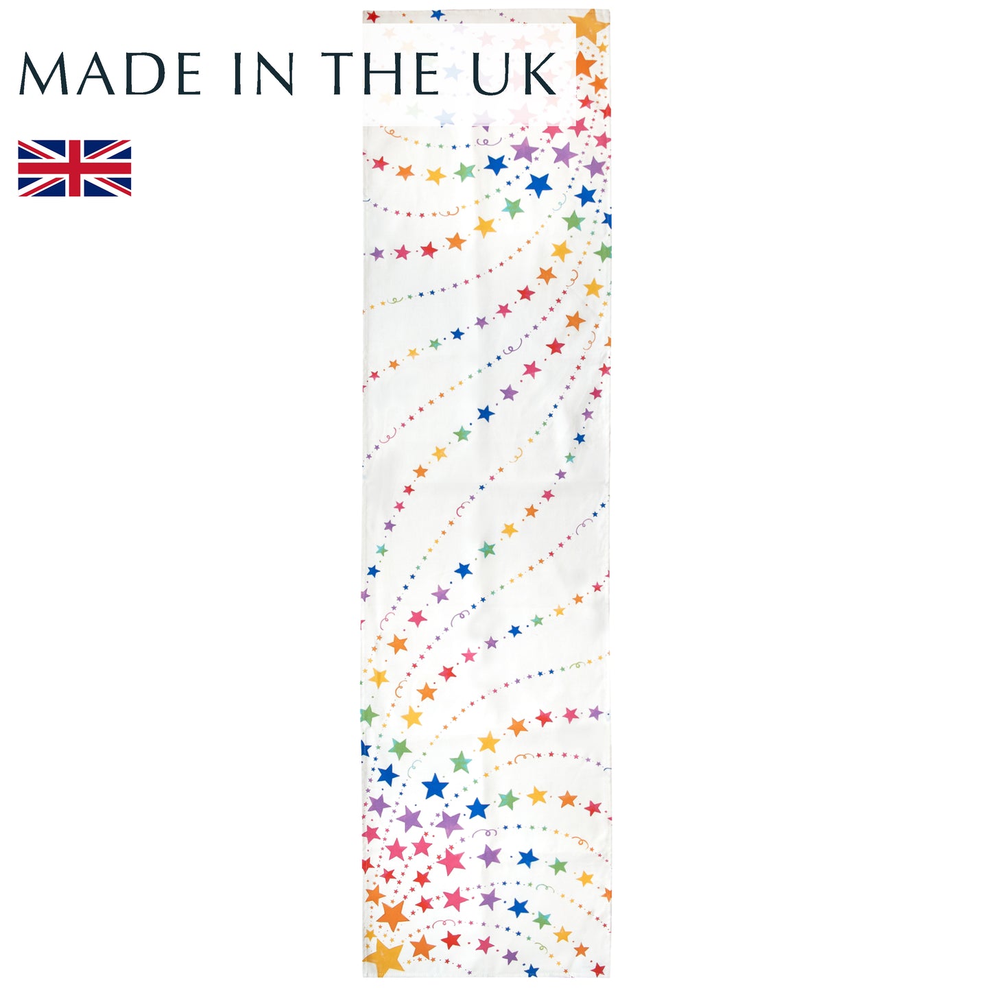 Colourful rainbow stars table runner, made in the UK