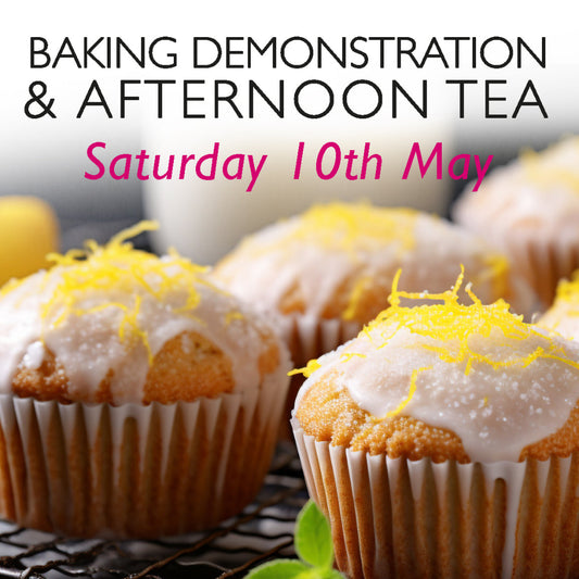 Baking Demonstration & Afternoon Tea event on Saturday, 10th May, featuring freshly baked lemon drizzle muffins with icing and lemon zest. Join this baking class and afternoon tea experience to learn delicious recipes and enjoy homemade treats.