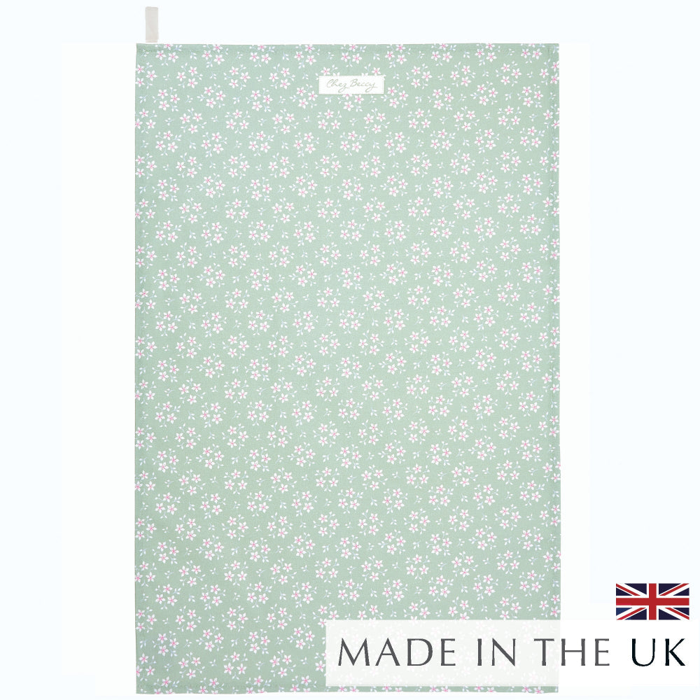 Chez Beccy Sage Green Ditsy Floral Tea Towel in 100% half panama cotton, featuring a delicate floral design, perfect for kitchen use.