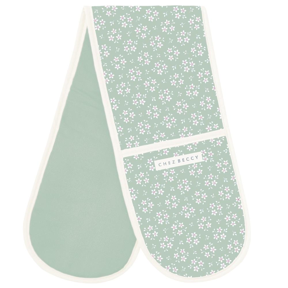 Sage Green Ditsy Floral Double Oven Glove with cream trim – British-made kitchen textile by Chez Beccy