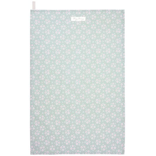 Sage green tea towel with little white flowers