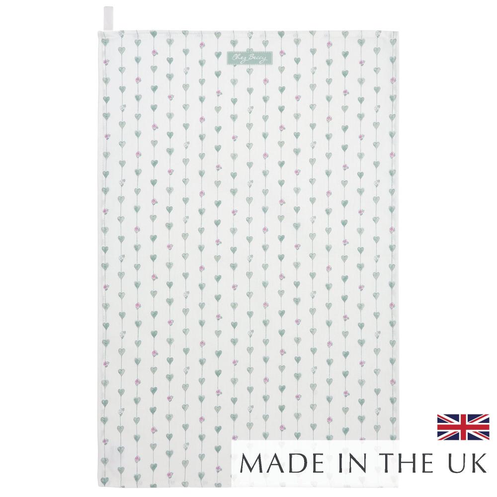 Sage Green Hearts & Roses Tea Towel – A 100% cotton kitchen towel featuring a delicate botanical hearts and roses design in soft sage green, with an ivory hanging loop for convenience.