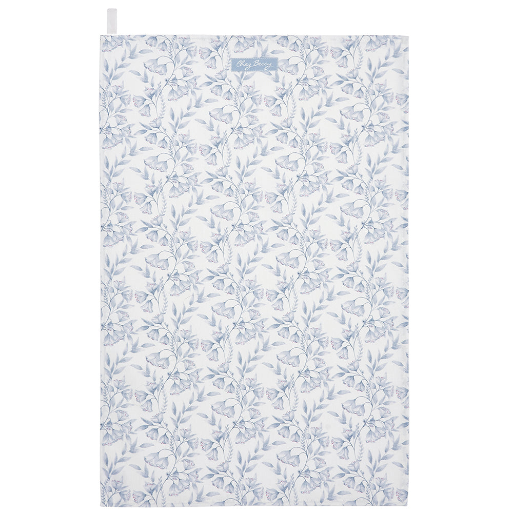 Grey Damask Floral tea towel with elegant clematis-inspired pattern, 100% half panama cotton, perfect for kitchen use