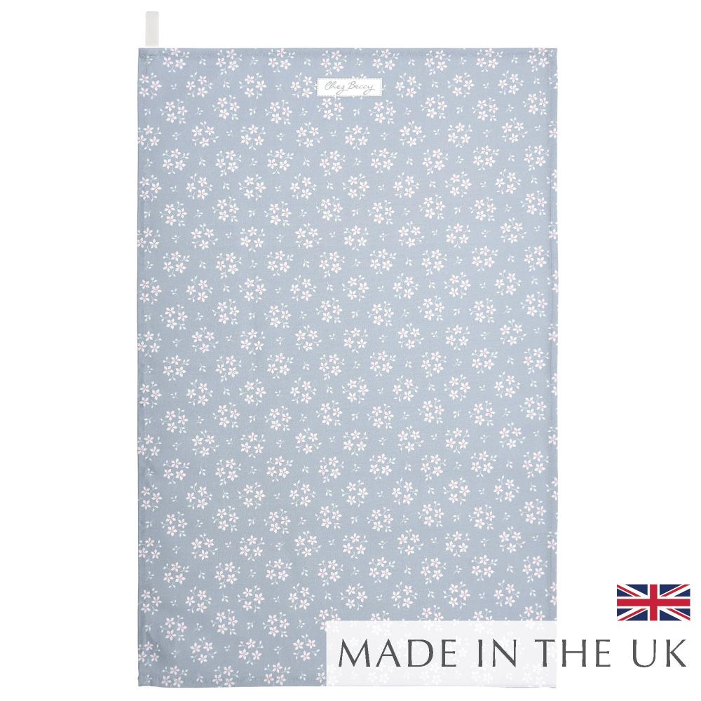 Grey Ditsy Floral Tea Towel – A 100% cotton kitchen towel featuring a delicate ditsy floral pattern in soft grey, with an ivory hanging loop for convenience.