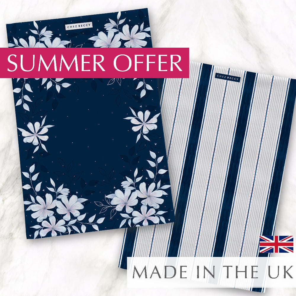 Tag, Summer Offer 2 Luxury Navy Tea Towels made from 100% half panama cotton, one with painted floral and one with a navy stripe design. Highly absorbent and perfect for drying dishes and glassware. Made in the UK.