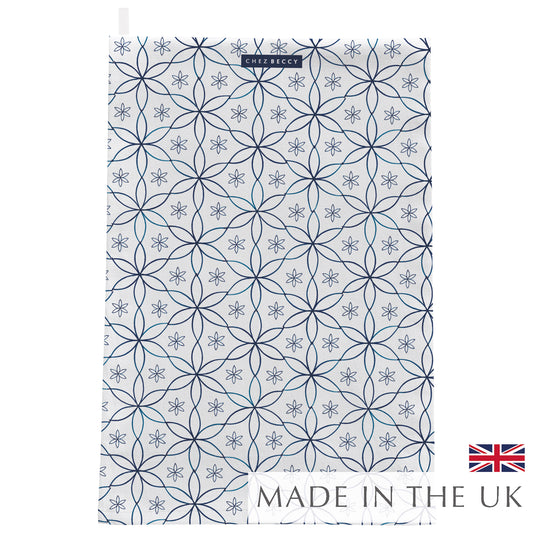 Geometric navy daisy design tea towel