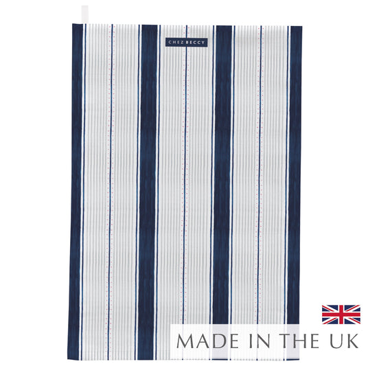 Navy and White Striped Tea Towel – 100% Cotton, Absorbent & Durable, Designed and Made in the UK.