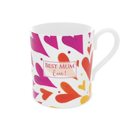 Bone china Best Mum Ever mug with a rainbow hearts design – perfect Mother’s Day or birthday gift for mums who love tea or coffee.