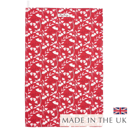 Ruby Red Floral Tea Towel in 100% half panama cotton, with delicate floral design and soft, vibrant colours, perfect for the kitchen.