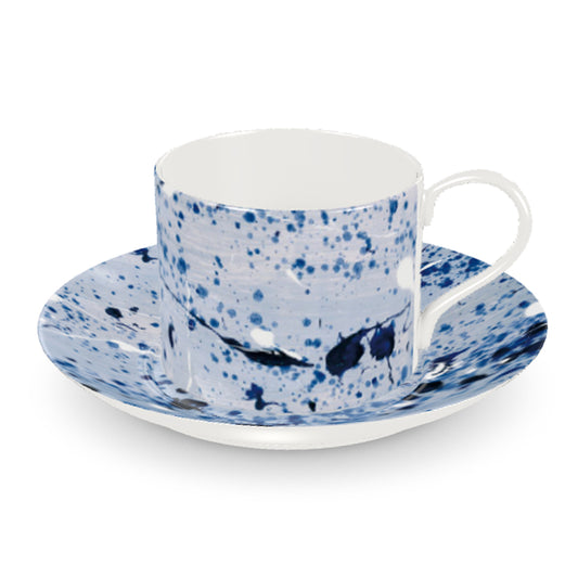 Blue Paint Splashes on Grey Bone China Cup & Saucer