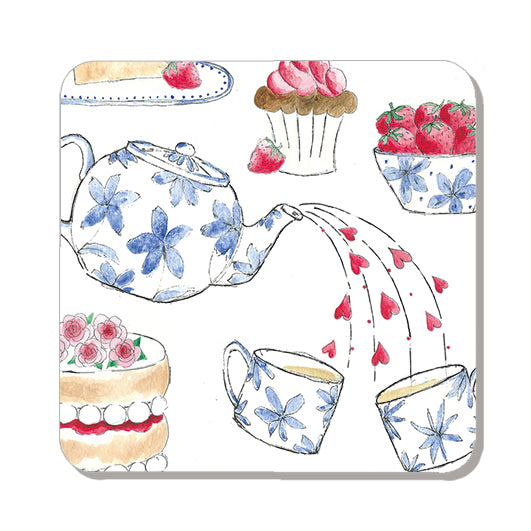 Afternoon tea-themed coaster by Chez Beccy, featuring a hand-painted illustration of a tea pot pouring hearts, teacups, scones, cupcakes, and blue floral china. A perfect gift for tea lovers and a charming addition to any home décor. Available at www.chezbeccy.com.