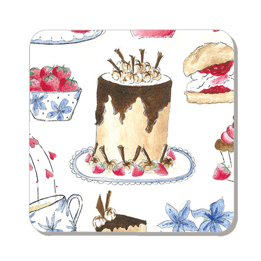 Afternoon tea-themed coaster by Chez Beccy, featuring a hand-painted illustration of a Chocolate sponge cake, teacups, scones, cupcakes, and blue floral china. A perfect gift for tea lovers and a charming addition to any home décor. Available at www.chezbeccy.com.