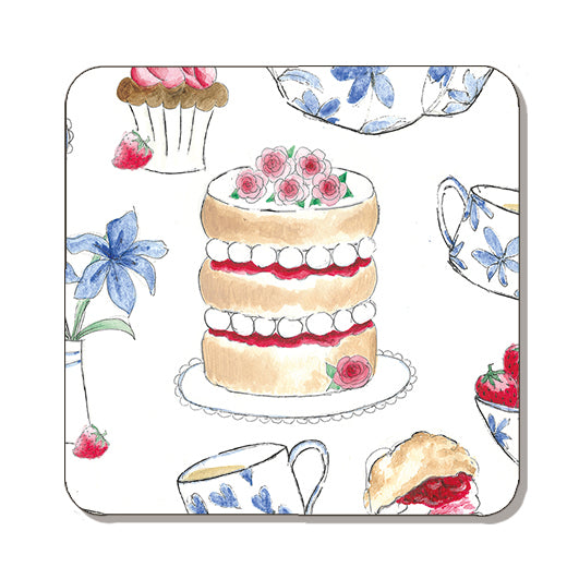 Afternoon tea-themed coaster by Chez Beccy, featuring a hand-painted illustration of a Victoria sponge cake, teacups, scones, cupcakes, and blue floral china. A perfect gift for tea lovers and a charming addition to any home décor. Available at www.chezbeccy.com.
