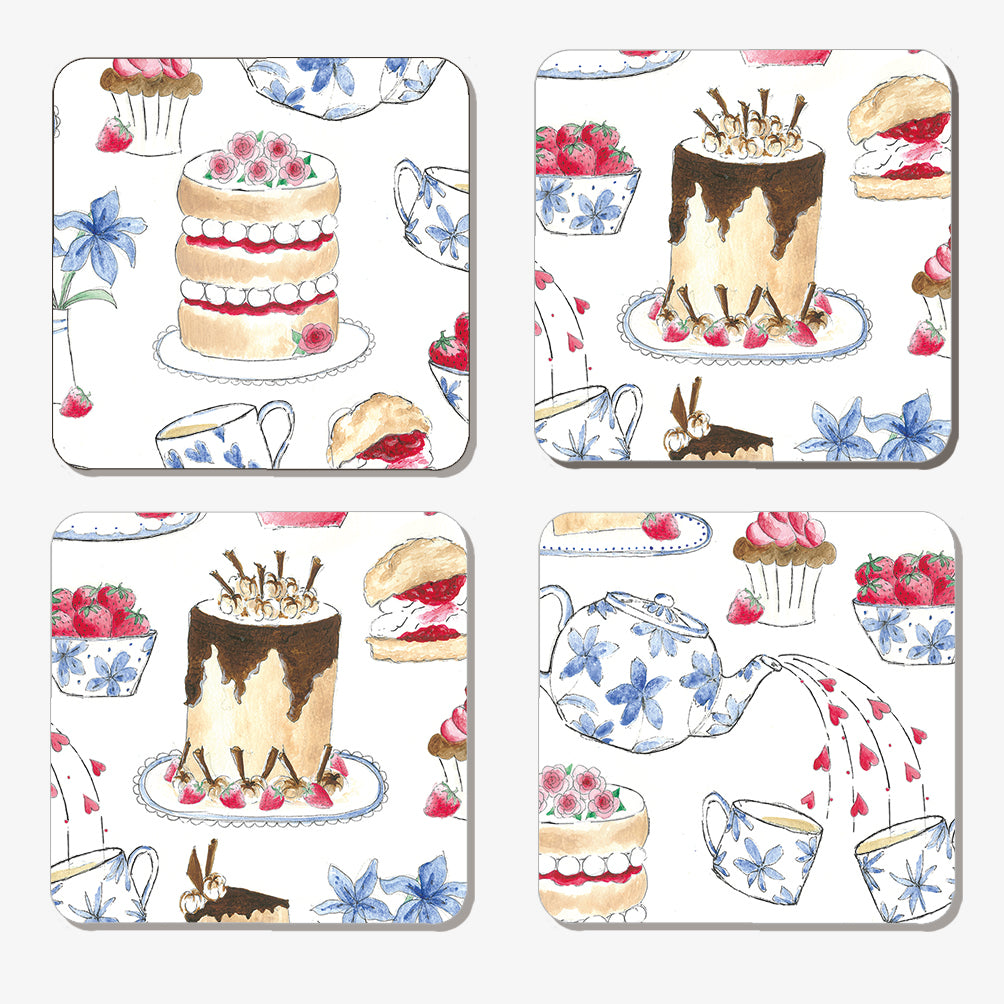 Set of four illustrated afternoon tea coasters by Chez Beccy, featuring hand-painted designs of teapots, teacups, cakes, scones, and strawberries in a charming British tea party theme. Perfect for home décor, tea lovers, and gift ideas. Available at www.chezbeccy.com.