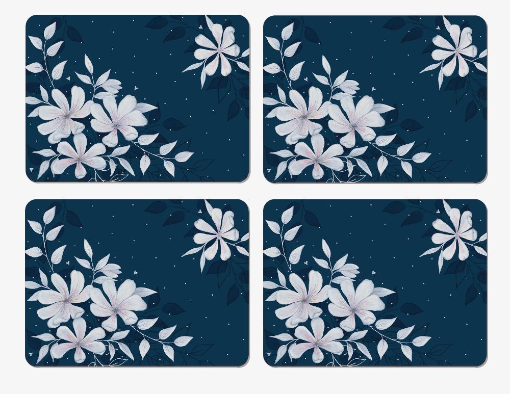Set of 4 Navy placemat with large white floral design