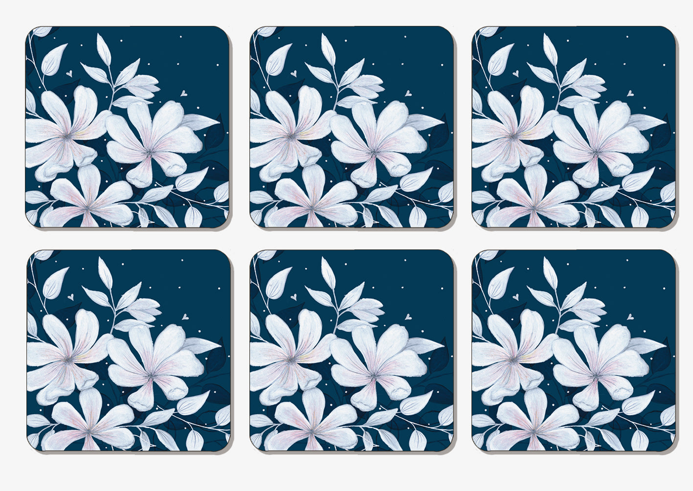 Set of 6 Large Floral coasters on a navy background
