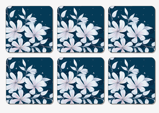 Set of 6 Large Floral coasters on a navy background