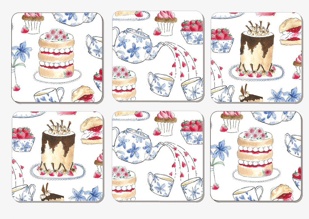 Set of six illustrated afternoon tea coasters by Chez Beccy, featuring hand-painted designs of teapots, teacups, cakes, scones, and strawberries in a charming British tea party theme. Perfect for home décor, tea lovers, and gift ideas. Available at www.chezbeccy.com.