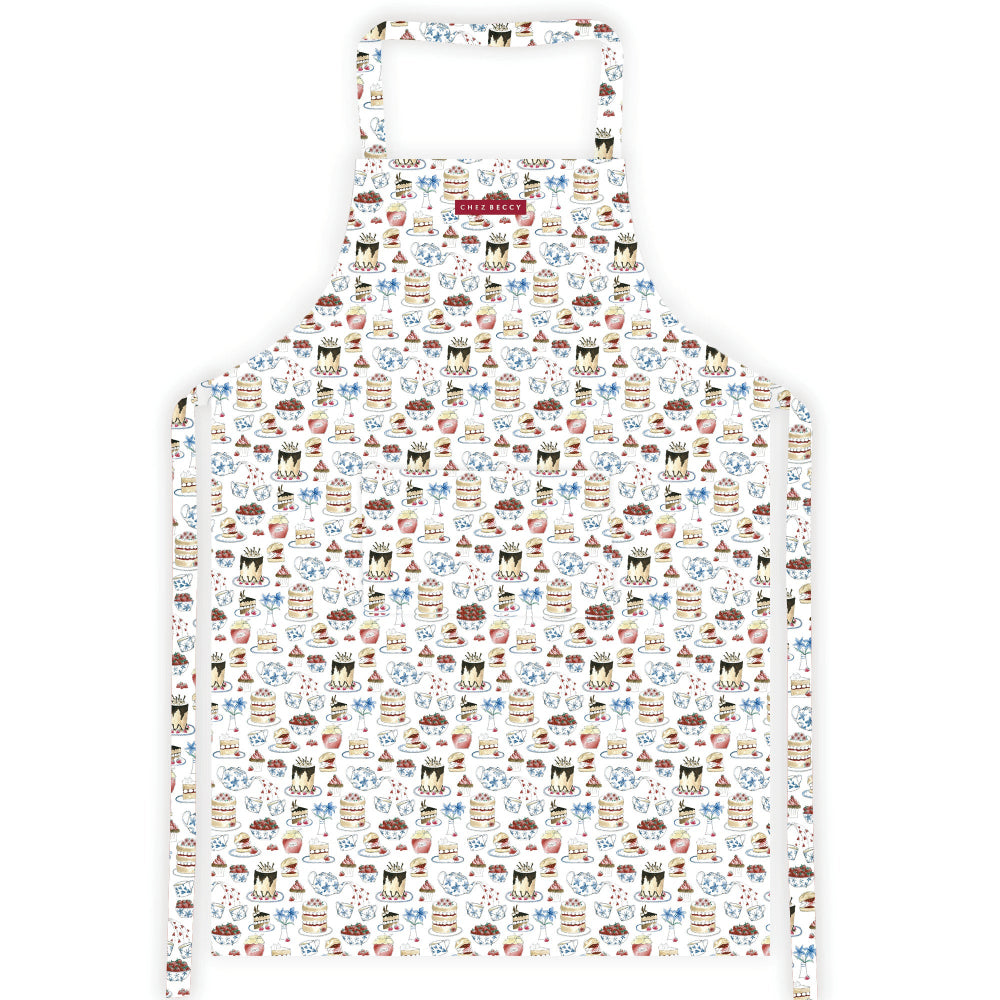 Afternoon Tea Apron by Chez Beccy featuring charming British afternoon tea illustrations with cakes, teapots, and fine china – 100% cotton kitchen apron, perfect gift for baking lovers and home cooks