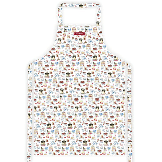 Afternoon Tea Apron by Chez Beccy featuring charming British afternoon tea illustrations with cakes, teapots, and fine china – 100% cotton kitchen apron, perfect gift for baking lovers and home cooks