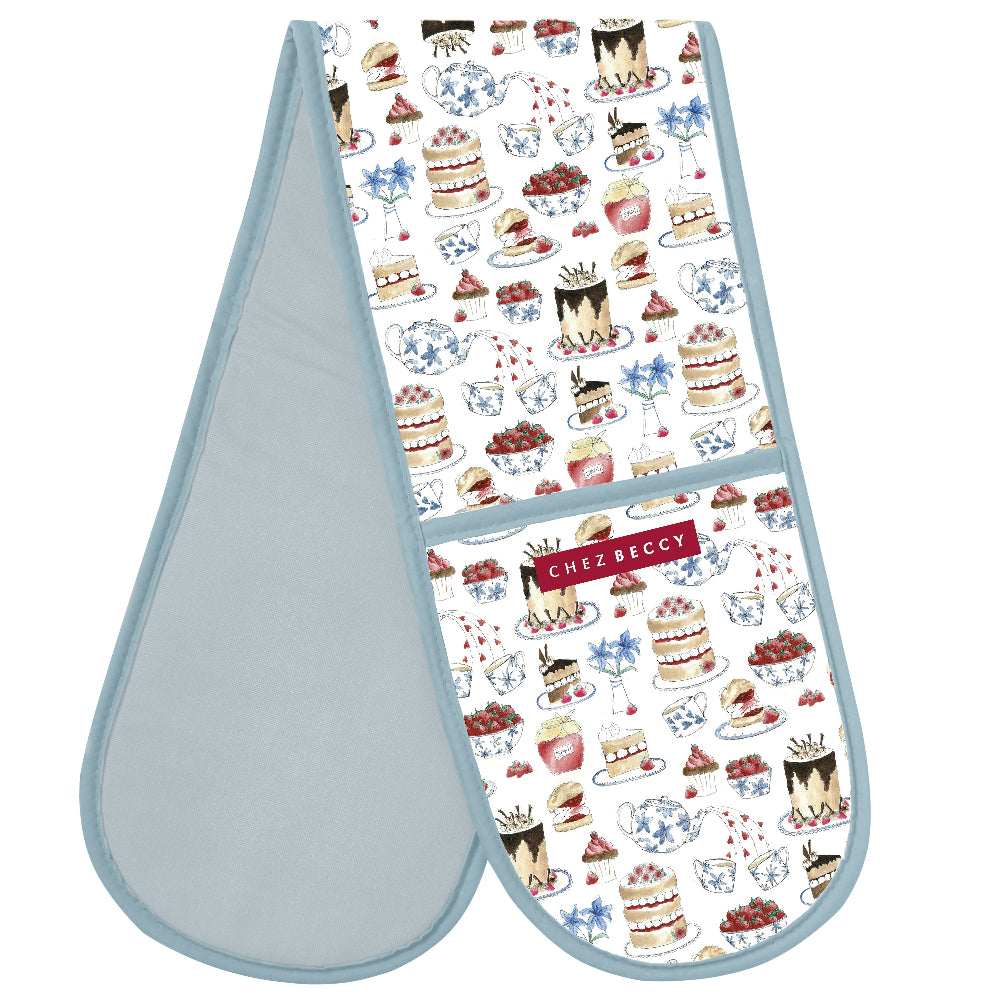 Afternoon Tea Double Oven Gloves on a white background, featuring a stylish design with pastel colours and a practical hanging loop, made from 100% cotton for heat protection.