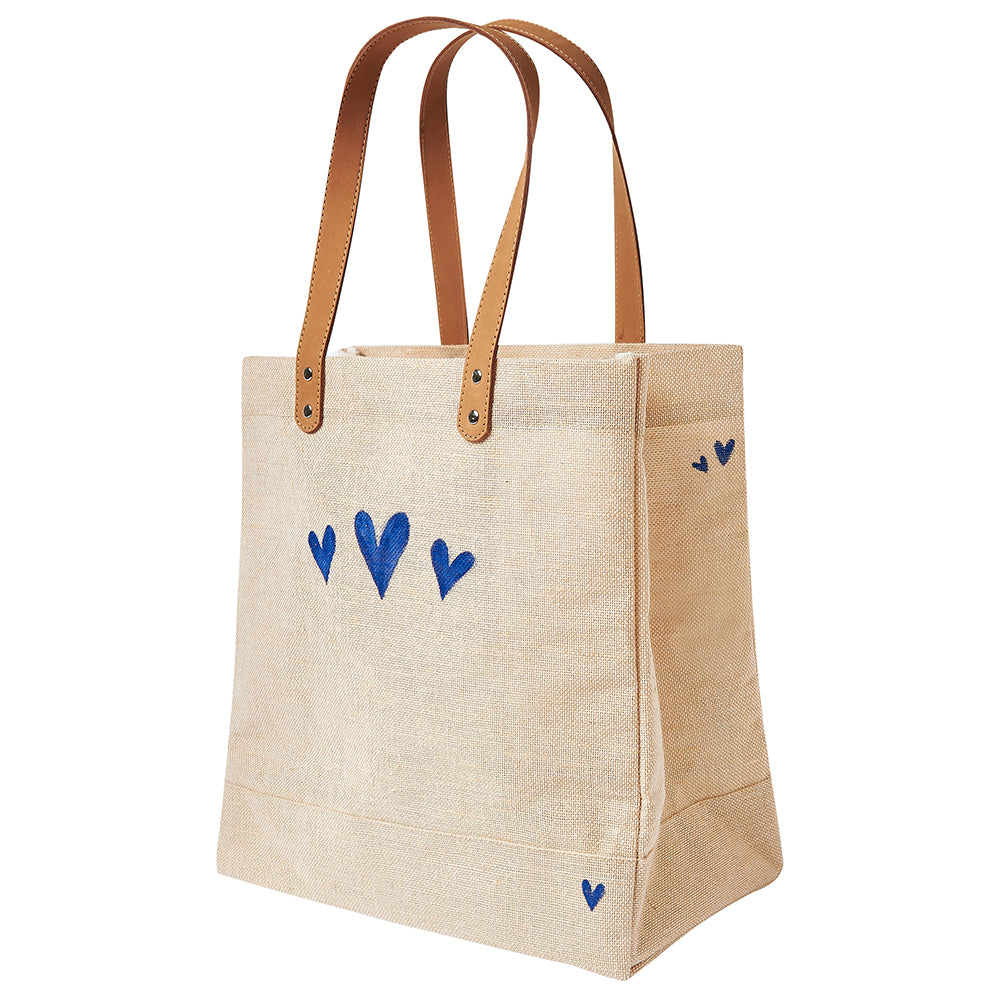 Blue hearts jute shoulder bag with leather handles