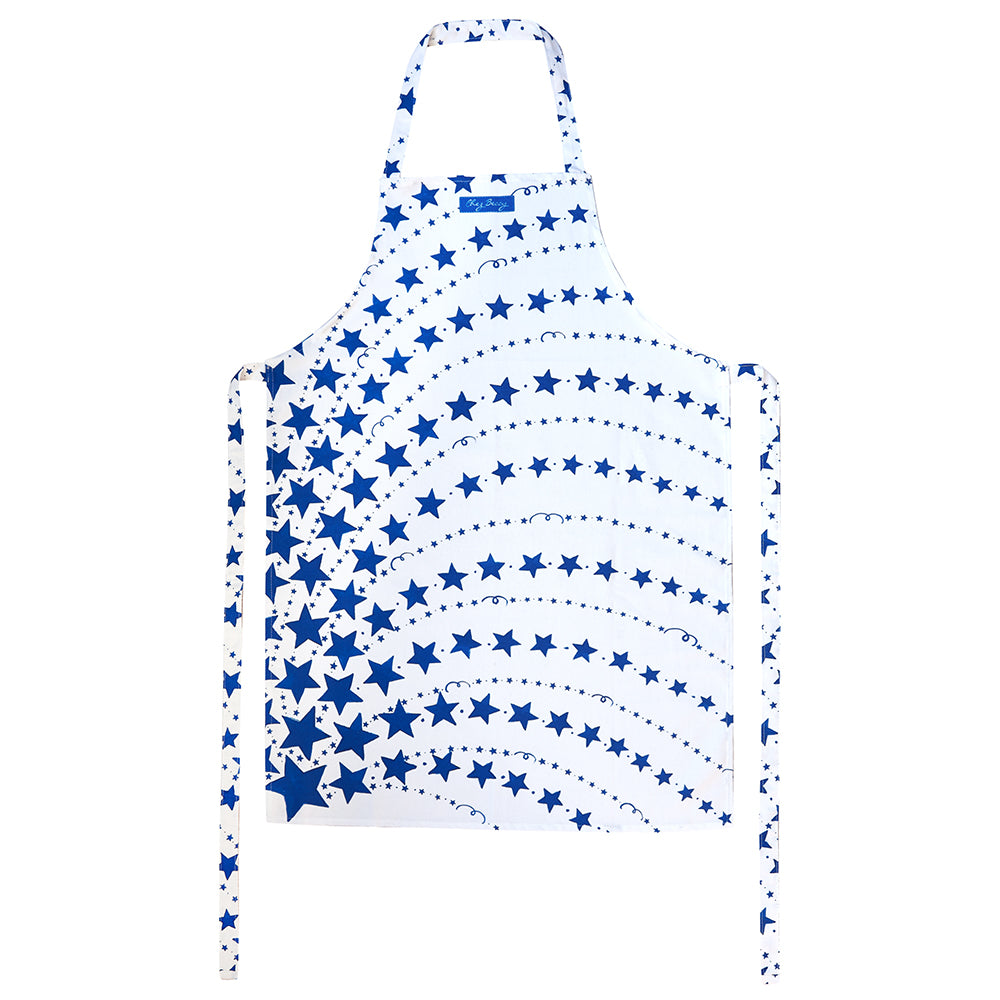 Blue Shooting Stars Apron with hand-drawn blue and white shooting star design, made from 100% half panama cotton with front pocket and extra-long ties