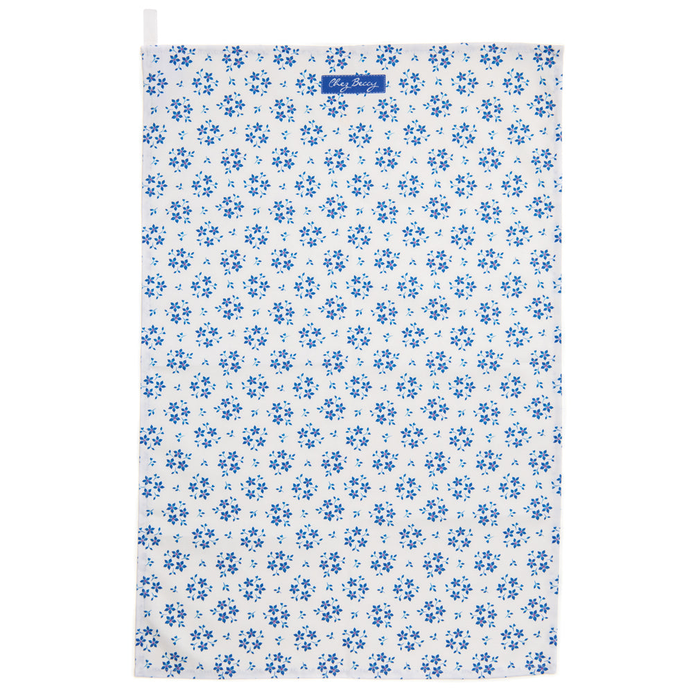 Chez Beccy Blue Ditsy Floral Tea Towel in 100% half panama cotton, with a charming blue floral pattern, perfect for kitchen use.