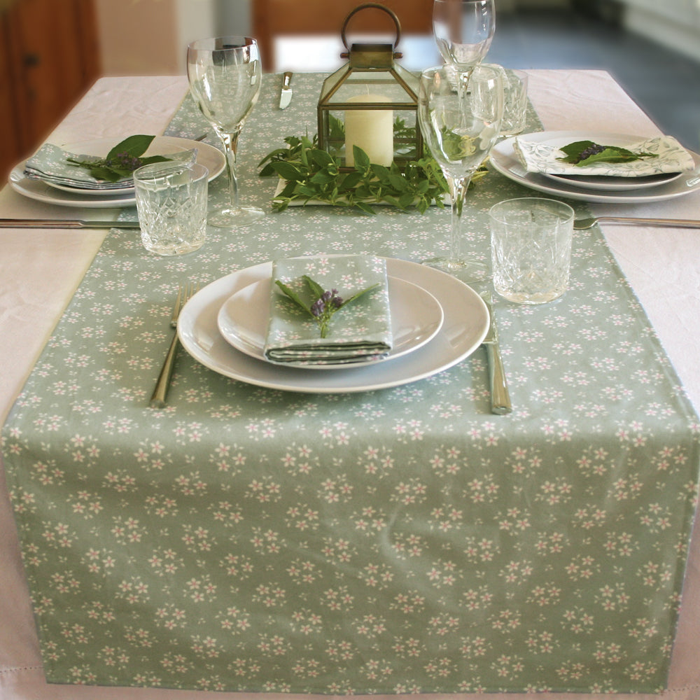 Table linens, Sage Green Ditsy Floral Table Runner, made in Britain - Chez Beccy
