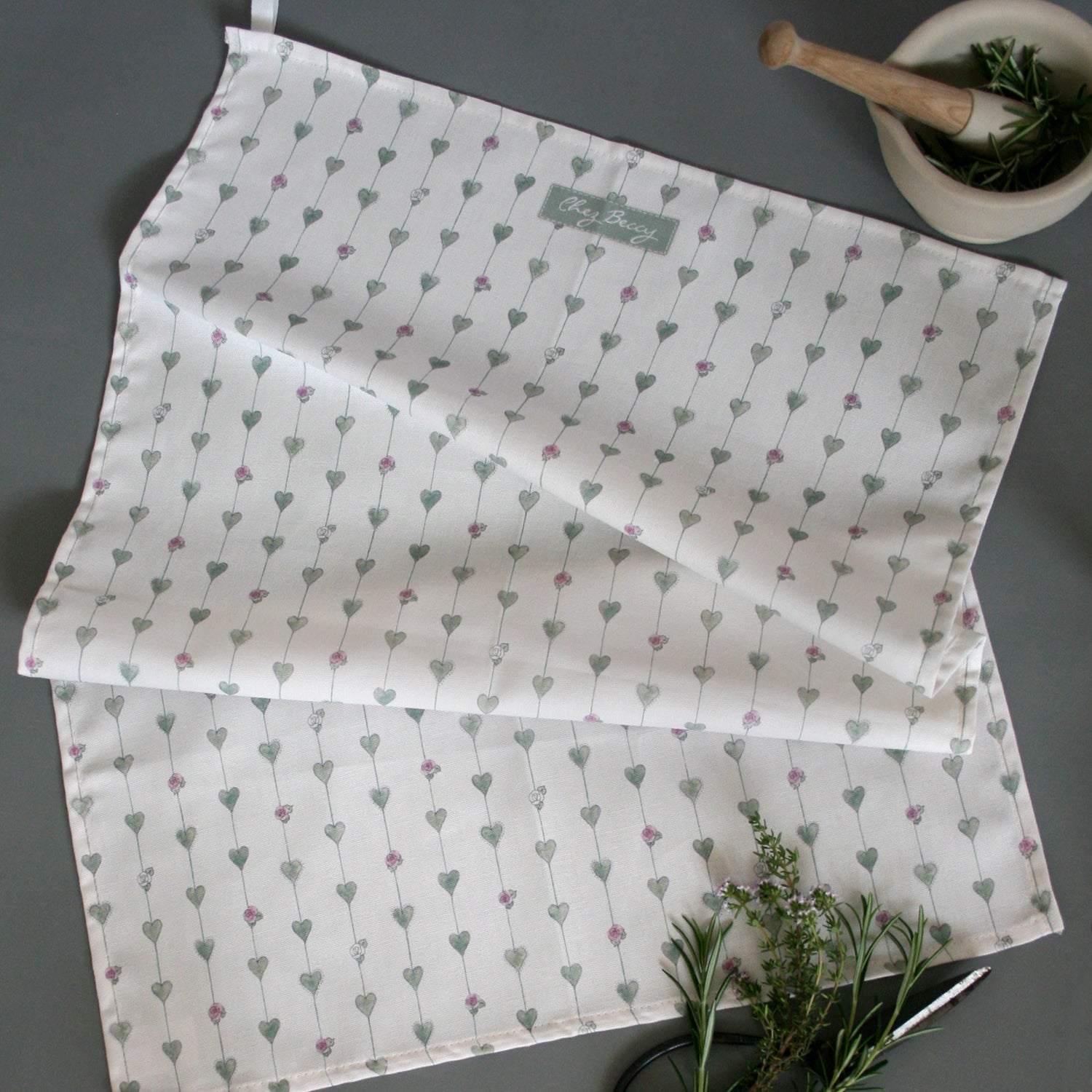 Kitchen textiles, Sage Green Hearts & Roses Tea Towel, made in Britain - Chez Beccy