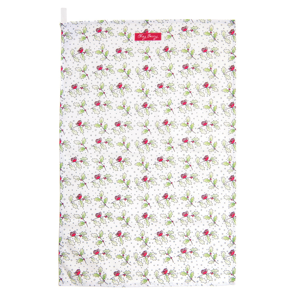 Christmas Robin and Holly Tea Towel