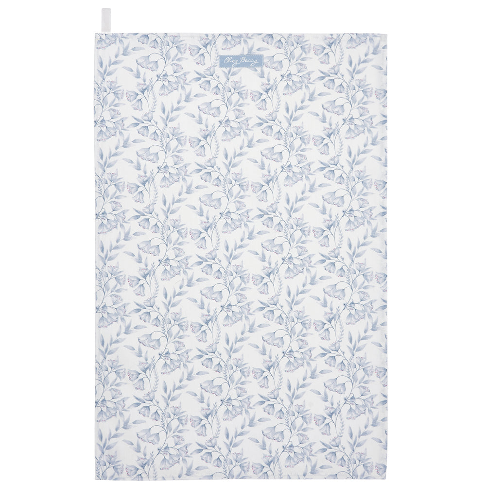 Grey floral tea towel with an elegant clematis-inspired pattern, made from 100% cotton. Stylish, absorbent, and perfect for everyday kitchen use.