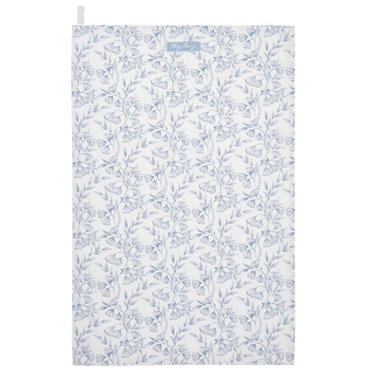 Grey floral tea towel with an elegant clematis-inspired pattern, made from 100% cotton. Stylish, absorbent, and perfect for everyday kitchen use.