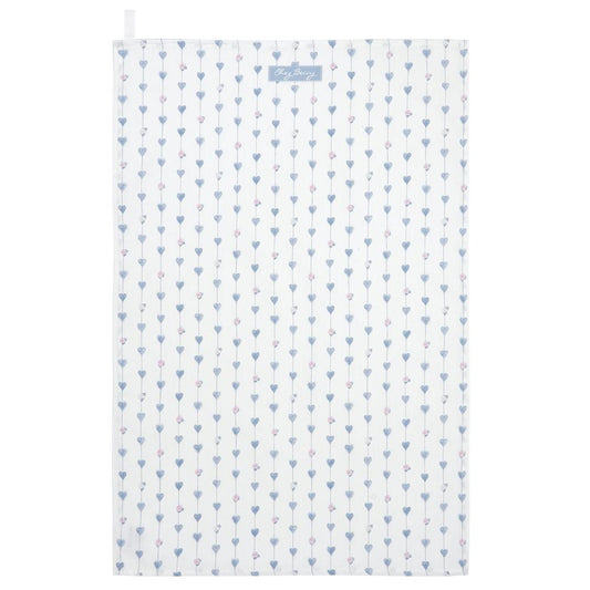 Grey Hearts & Roses Tea Towel – A 100% cotton kitchen towel featuring a delicate botanical hearts and roses design in soft grey, with an ivory hanging loop for convenience.