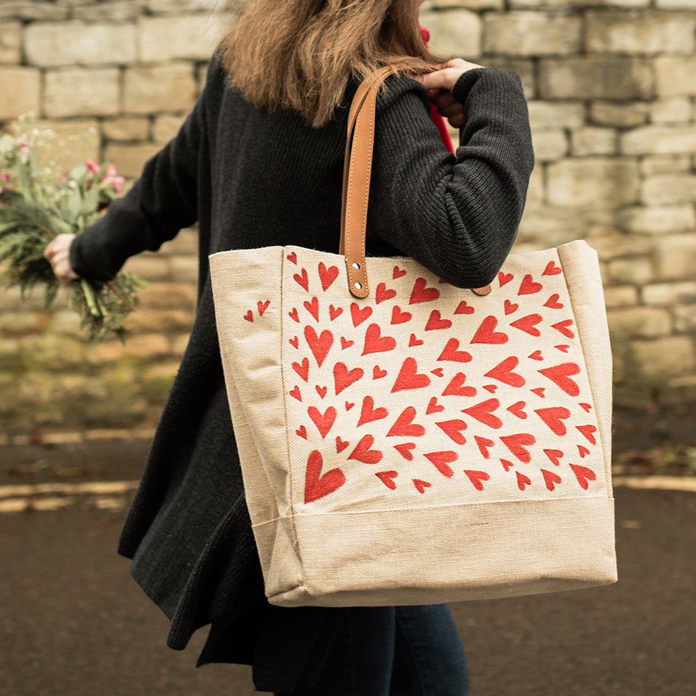 Red Shooting Heart Juco Shoulder Bag with Leather Handles